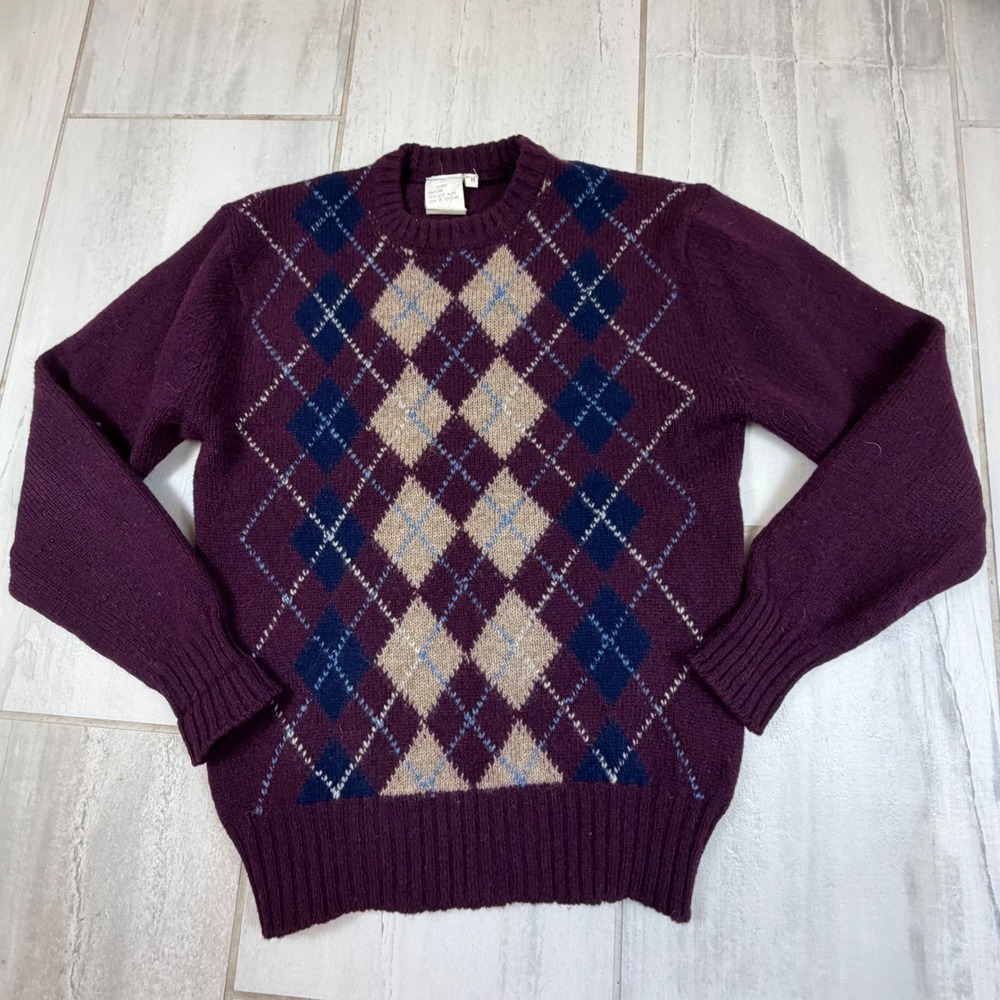 Vintage Second Shetland Wool Argyle Sweater Mens M Burgundy Made in Scotland